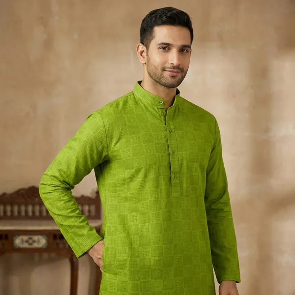 Green_Cotton_Blend_Kurta_Pajama_For_Men