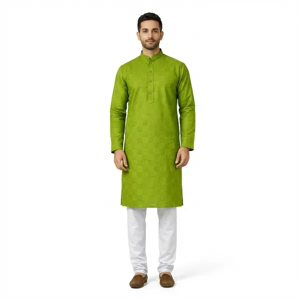 Green_Cotton_Blend_Kurta_Pajama_For_Men