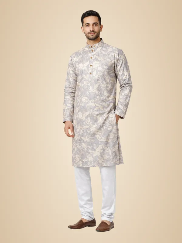 Silver_Cotton_Blend_Kurta_Pajama_For_Men