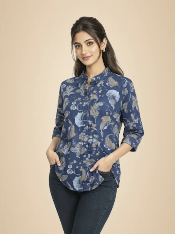 Blue_Floral_Cotton_Blend_Top_For_Women