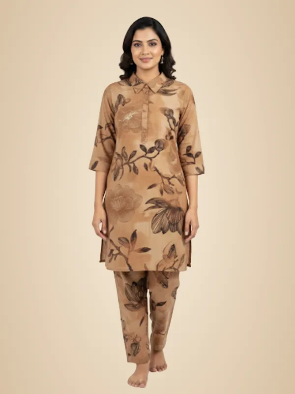 Mud_Brown_100%_Premium_Cotton_Blend_Co-Ord_Set_For_Women