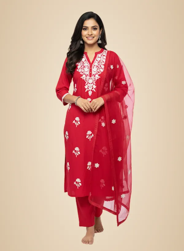 Red_Cotton_Kurta_Set_For_Women