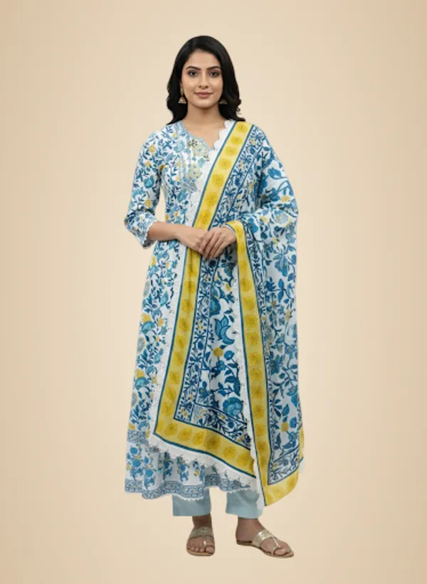 Blue_Floral_Cotton_Rayon_Blend_Anarkali_Set_For_Women
