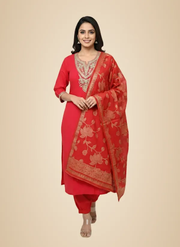 Red_Cotton_Blend_Kurta_Set_For_Women