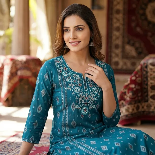 Teal_Blue_Cotton_Kurta_Set_For_Women