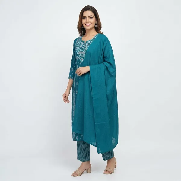 Teal_Blue_Cotton_Kurta_Set_For_Women
