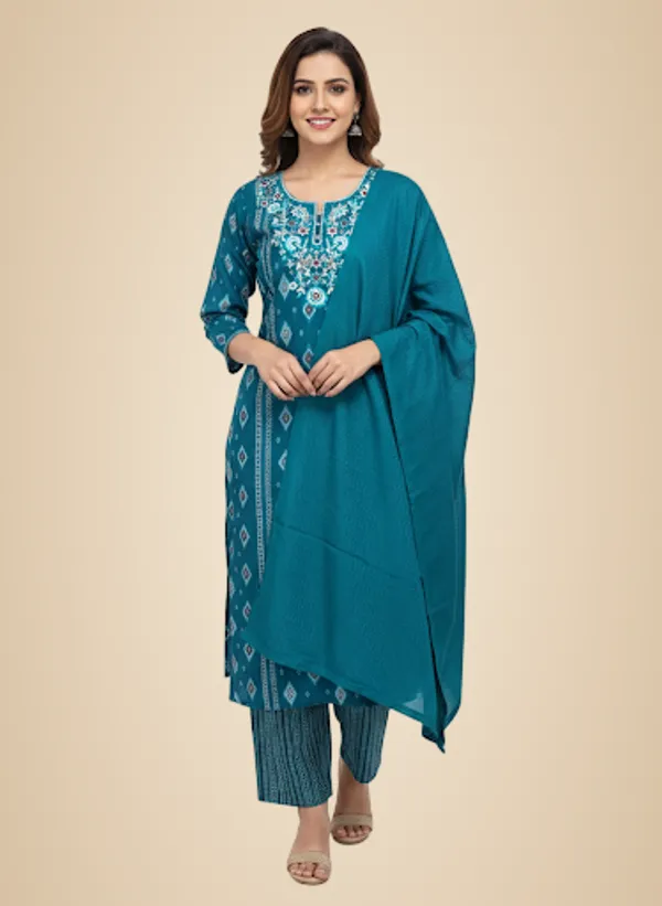 Teal_Blue_Cotton_Kurta_Set_For_Women