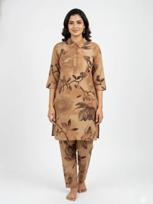 Mud_Brown_100%_Premium_Cotton_Blend_Co-Ord_Set_For_Women