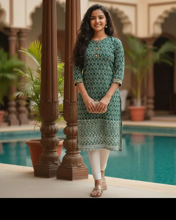 Dark_Green_Girls_Casual_Kurta_And_Leggings_Set