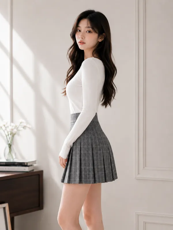 Young_Now_Women's_Grey_Short_Sleeve_Hoodie_And_Check_Pleated_Mini_Skirt
