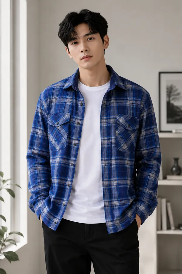 Blue_Check_Shacket_-_Casual_Shirt_And_Young_Men_Navy_Blue_Cotton_Shorts_For_Men