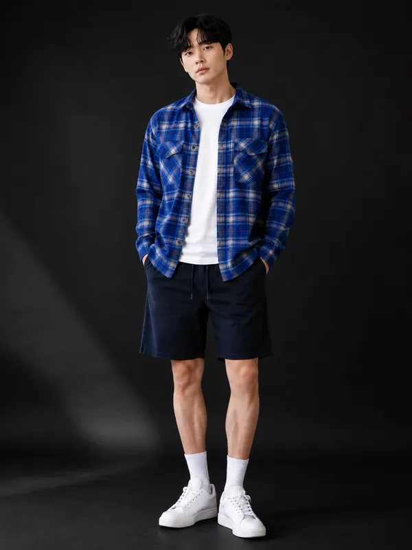 Blue_Check_Shacket_-_Casual_Shirt_And_Young_Men_Navy_Blue_Cotton_Shorts_For_Men