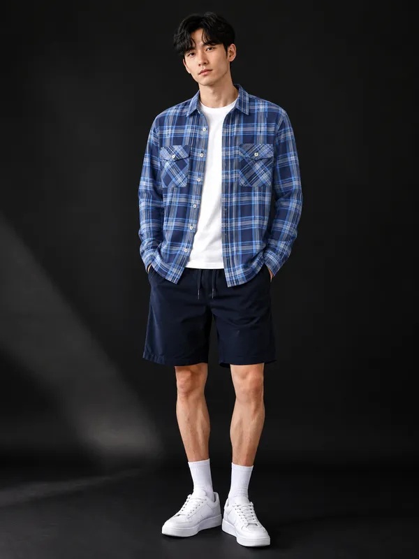 Blue_Check_Shacket_-_Casual_Shirt_And_Young_Men_Navy_Blue_Cotton_Shorts_For_Men