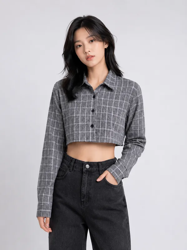Grey_Poly_Viscose_Full_Sleeve_Crop_Shirt_For_Women
