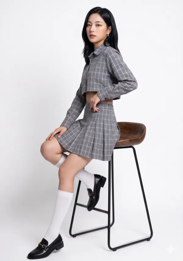 Grey_Check_Crop_Shirt_and_Skirt_Set_-_Women's_Formal_Wear