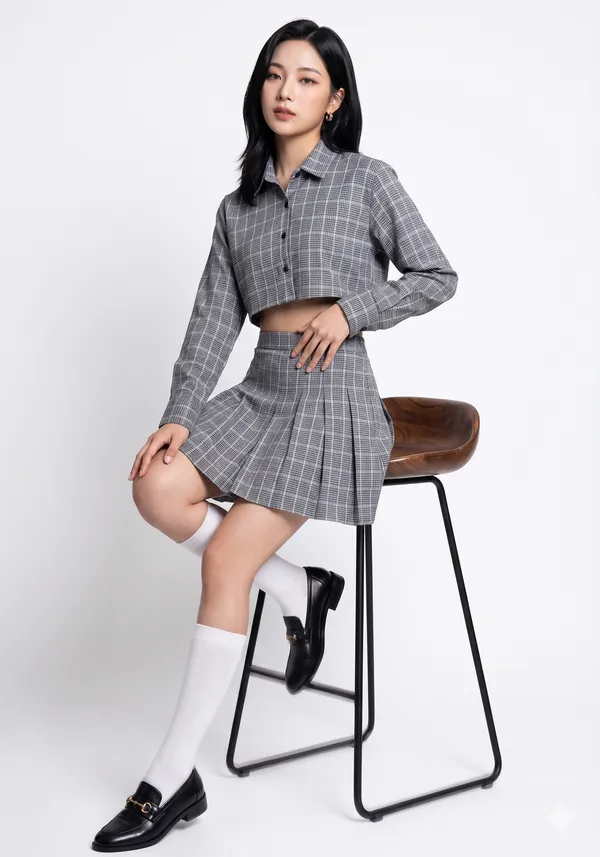 Grey_Check_Crop_Shirt_and_Skirt_Set_-_Women's_Formal_Wear