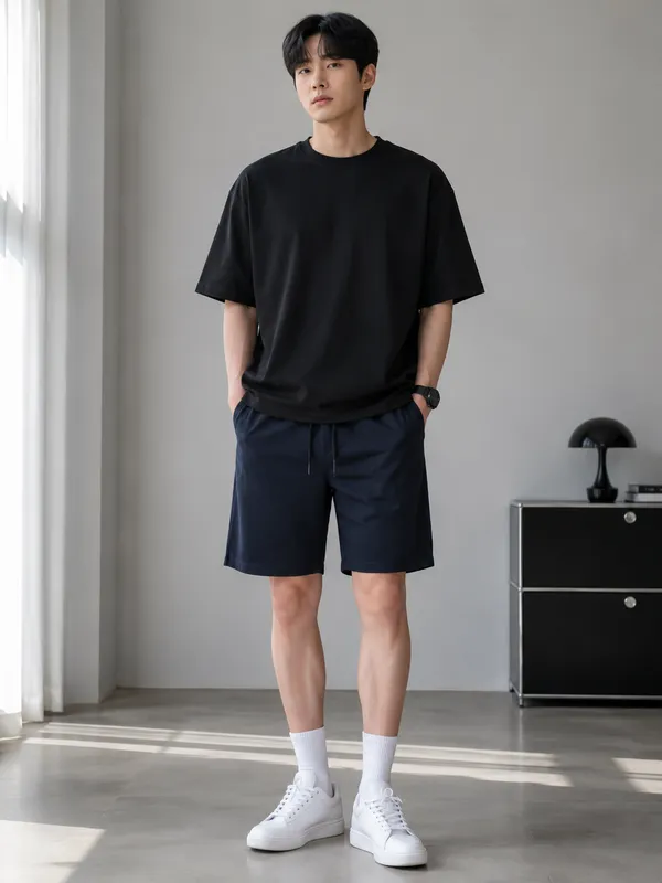 Young_Men_Navy_Blue_Cotton_Shorts_And_Green_Check_Long_Sleeve_Shirt_-_Casual_Comfortable_Fit