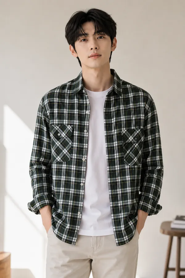 Young_Men_Navy_Blue_Cotton_Shorts_And_Green_Check_Long_Sleeve_Shirt_-_Casual_Comfortable_Fit