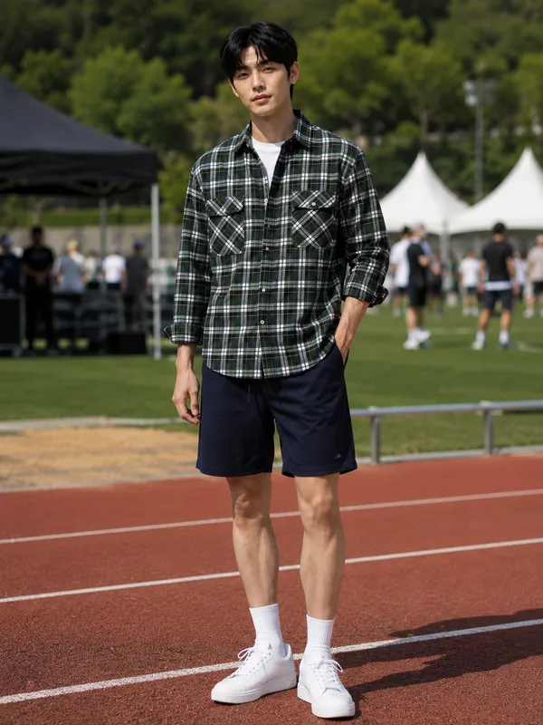 Young_Men_Navy_Blue_Cotton_Shorts_And_Green_Check_Long_Sleeve_Shirt_-_Casual_Comfortable_Fit