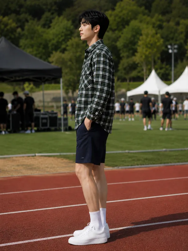 Young_Men_Navy_Blue_Cotton_Shorts_And_Green_Check_Long_Sleeve_Shirt_-_Casual_Comfortable_Fit
