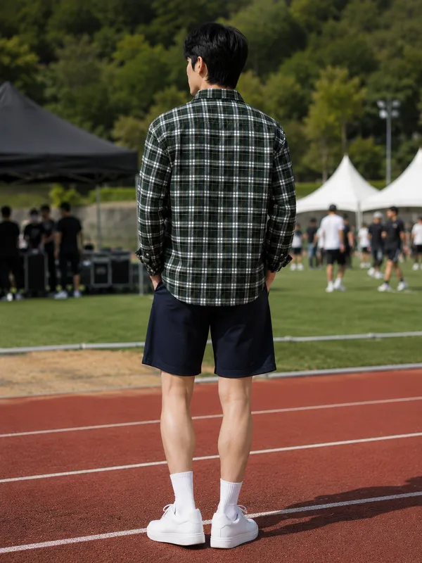 Young_Men_Navy_Blue_Cotton_Shorts_And_Green_Check_Long_Sleeve_Shirt_-_Casual_Comfortable_Fit
