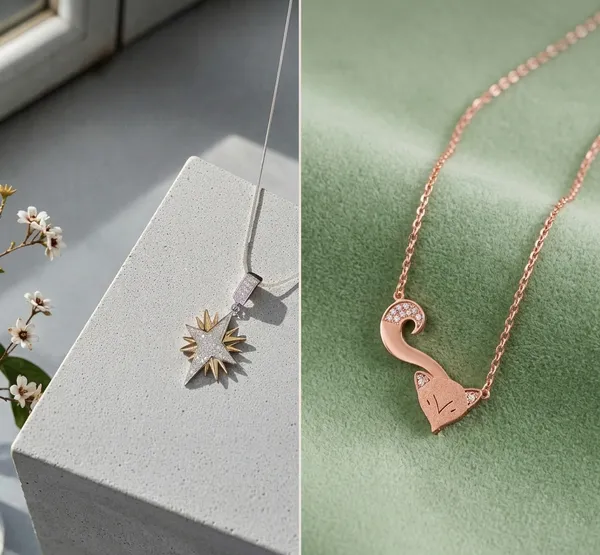 White_And_Gold_Dual_Tone_Zircon_Star_Pendant_Necklace_And_Rose_Gold_Plated_Cat_Pendant_Necklace_For_Women_And_Girls_Combo_Pack_Of_2