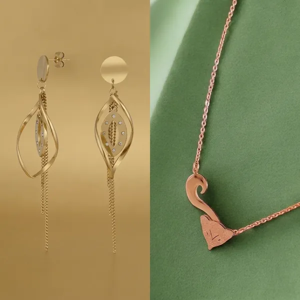 Gold_Crystal_Leaf_Chain_Tassel_Drop_Earrings_And_Rose_Gold_Plated_Cat_Pendant_Necklace_For_Women_And_Girls_Combo_Pack_Of_2