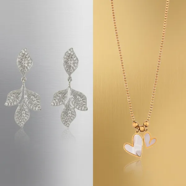 Silver_Crystal_Leaf_Drop_Earrings_And_Gold_Double_Heart_Pendant_Necklace_For_Women_And_Girls_Combo_Pack_Of_2