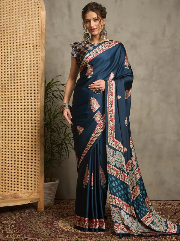Blue_Trending_Ajrakh_Print_Semi_Modal_Silk_Saree_836001
