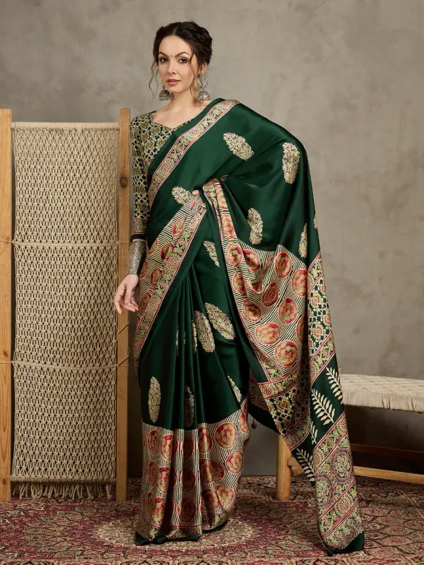 Green_Trending_Ajrakh_Print_Semi_Modal_Silk_Saree_823005