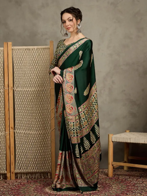 Green_Trending_Ajrakh_Print_Semi_Modal_Silk_Saree_823005