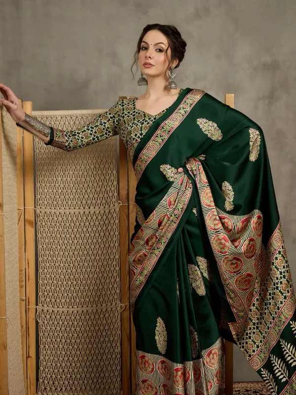 Green_Trending_Ajrakh_Print_Semi_Modal_Silk_Saree_823005