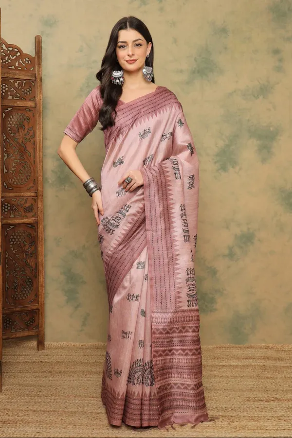 Pink_Cotton_Silk_Warli_Print_Saree_With_Kantha_Embroidery_Border_|_Soft_&_Elegant_Look_944007