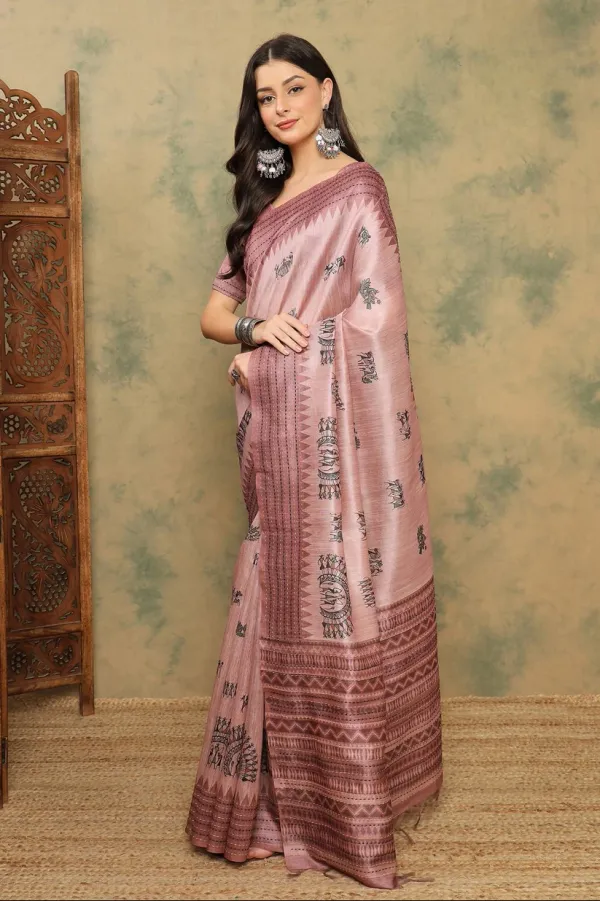 Pink_Cotton_Silk_Warli_Print_Saree_With_Kantha_Embroidery_Border_|_Soft_&_Elegant_Look_944007
