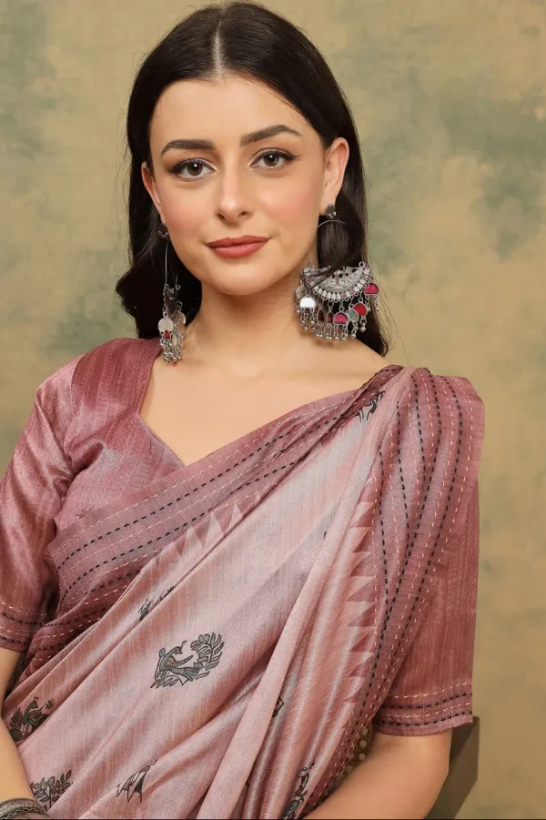 Pink_Cotton_Silk_Warli_Print_Saree_With_Kantha_Embroidery_Border_|_Soft_&_Elegant_Look_944007