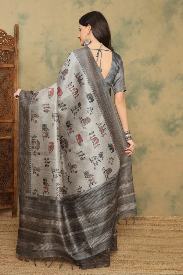 Silver_Cotton_Silk_Warli_Print_Saree_With_Kantha_Embroidery_Border_|__Soft_&_Elegant_Look_944003