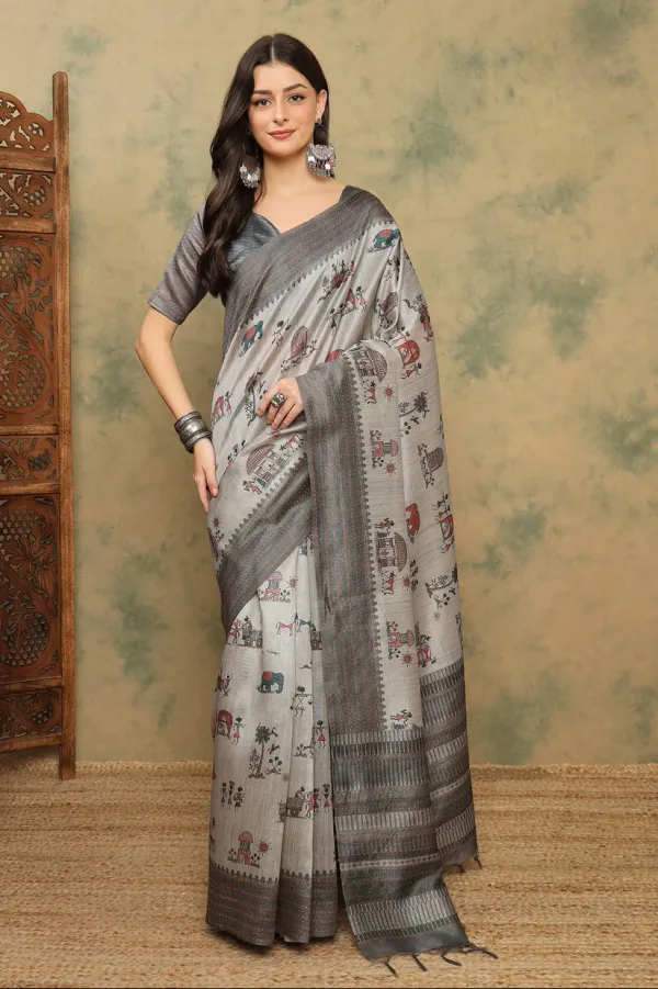 Silver_Cotton_Silk_Warli_Print_Saree_With_Kantha_Embroidery_Border_|__Soft_&_Elegant_Look_944003