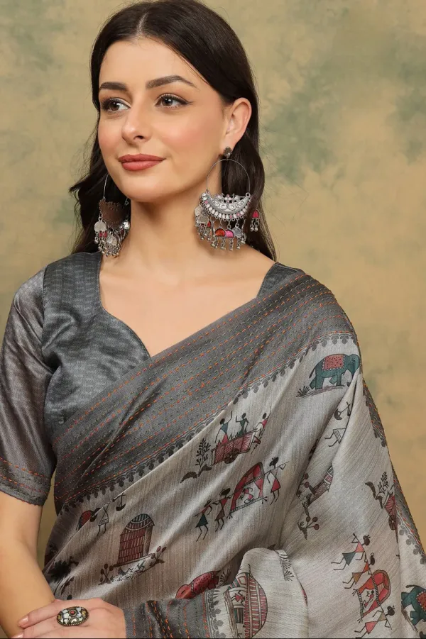 Silver_Cotton_Silk_Warli_Print_Saree_With_Kantha_Embroidery_Border_|__Soft_&_Elegant_Look_944003
