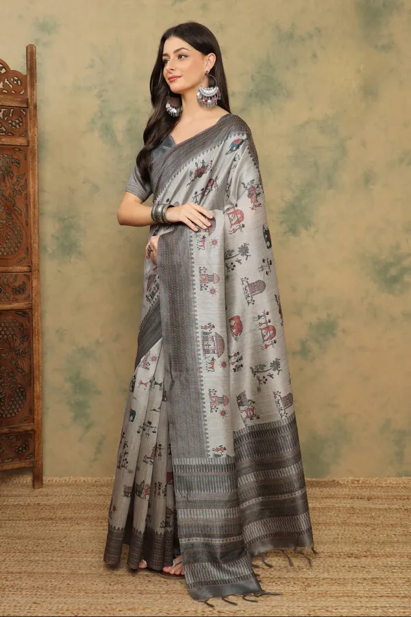 Silver_Cotton_Silk_Warli_Print_Saree_With_Kantha_Embroidery_Border_|__Soft_&_Elegant_Look_944003