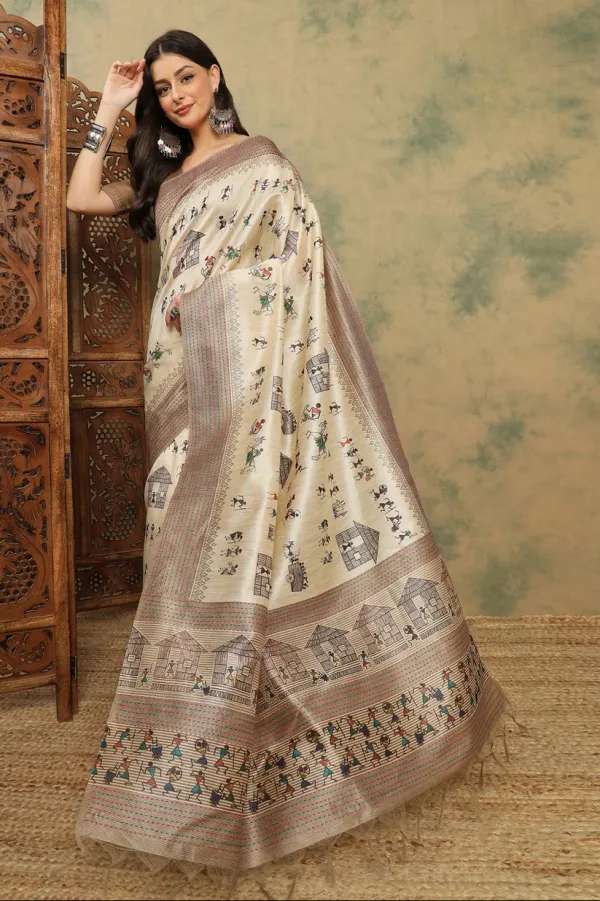 Cream_Cotton_Silk_Warli_Print_Saree_With_Kantha_Embroidery_Border_|_Soft_&_Elegant_Look_944004