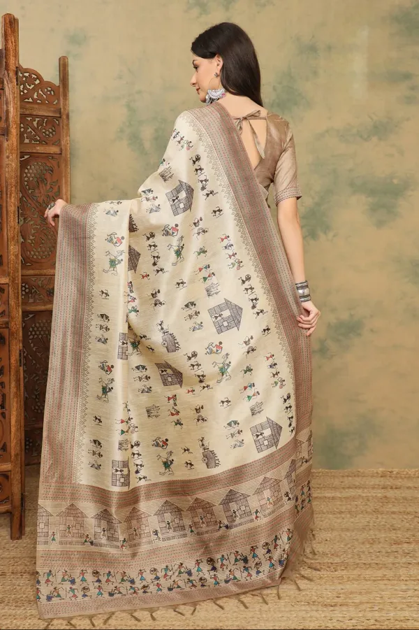 Cream_Cotton_Silk_Warli_Print_Saree_With_Kantha_Embroidery_Border_|_Soft_&_Elegant_Look_944004