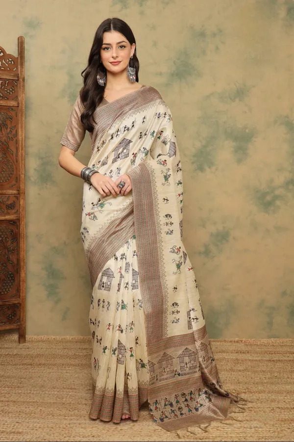 Cream_Cotton_Silk_Warli_Print_Saree_With_Kantha_Embroidery_Border_|_Soft_&_Elegant_Look_944004