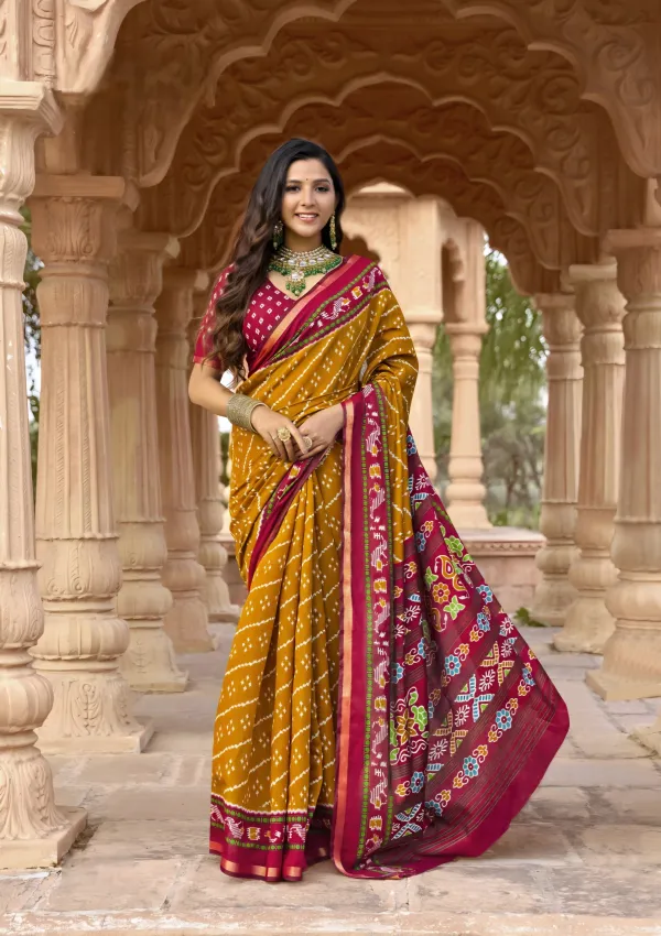 Mustard_Yellow_and_Maroon_Patola_Print_Soft_Cotton_Silk_Saree_With_Small_Zari_Border_913009