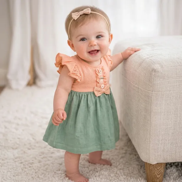 Orange_And_Green_Flutter_Sleeve_Dress_With_Bow_Head_For_Baby_Girls_-_GF_1130