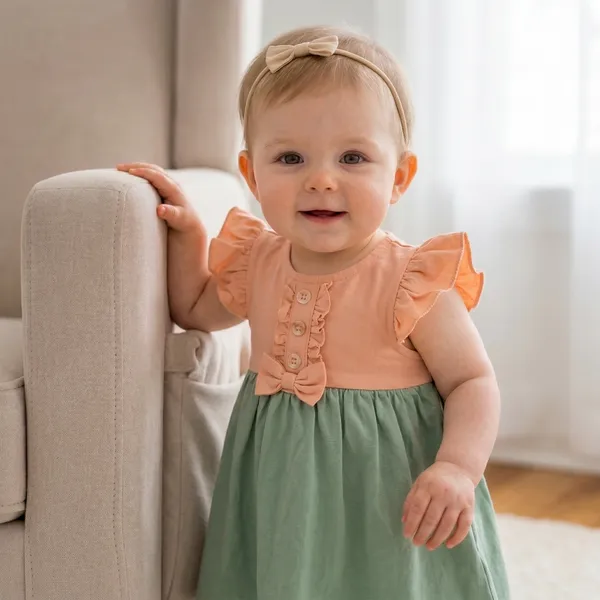 Orange_And_Green_Flutter_Sleeve_Dress_With_Bow_Head_For_Baby_Girls_-_GF_1130