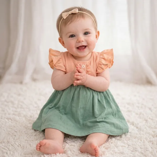 Orange_And_Green_Flutter_Sleeve_Dress_With_Bow_Head_For_Baby_Girls_-_GF_1130