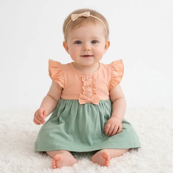 Orange_And_Green_Flutter_Sleeve_Dress_With_Bow_Head_For_Baby_Girls_-_GF_1130