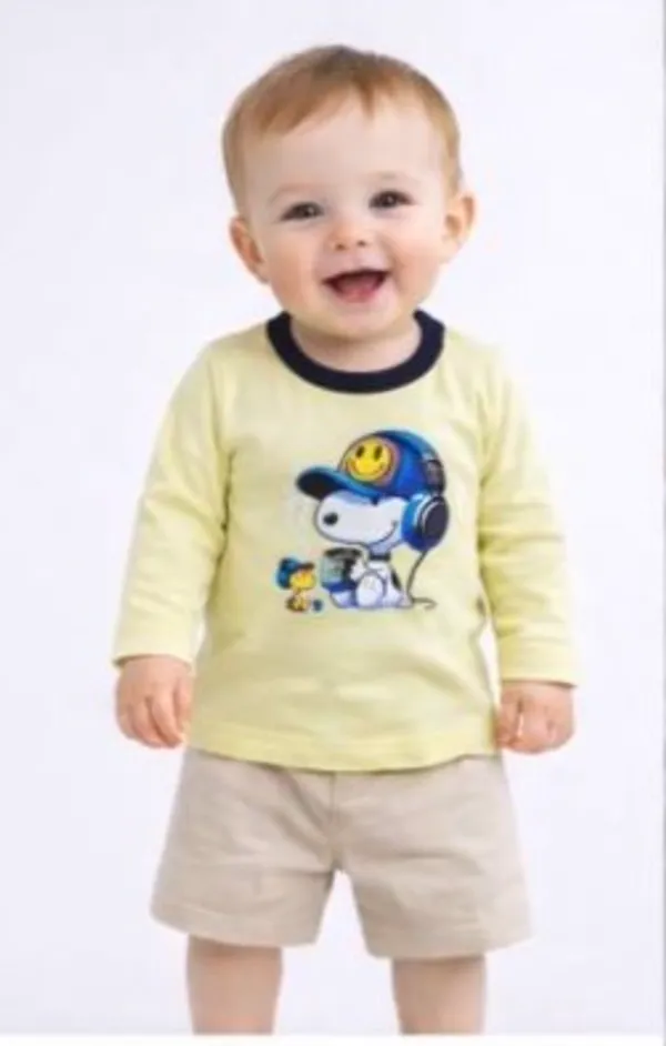 Yellow_And_Beige_Snoopy_Printed_T_Shirt_And_Shorts_Set_For_Baby_Boys_-_FHT_1116