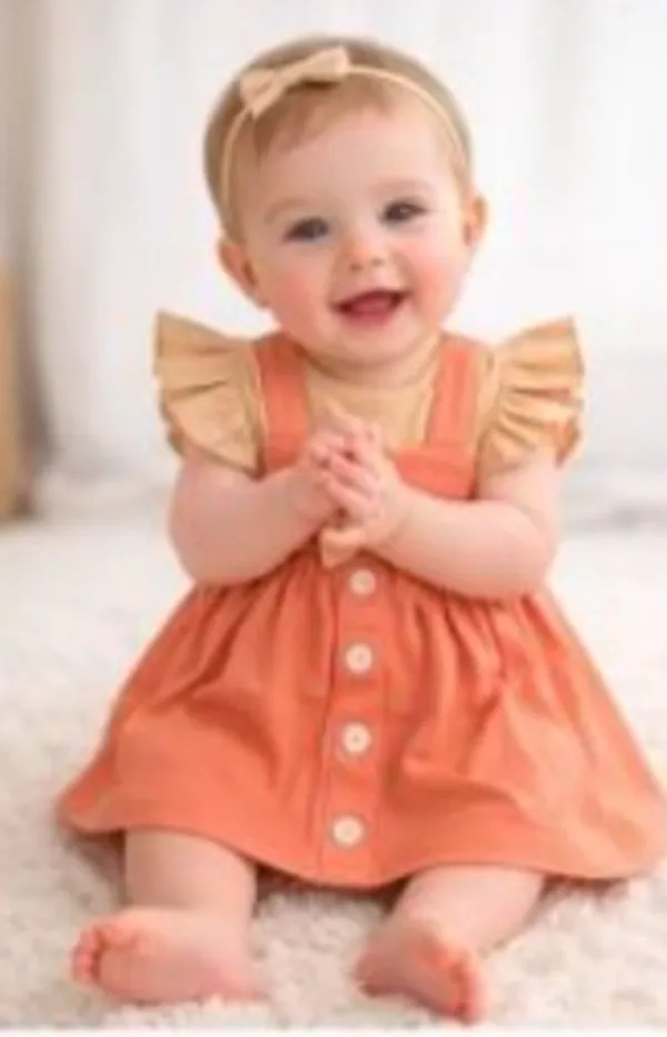 Brown_And_Orange_Orange_Dress_With_Ruffle_Sleeves_Bow_Head_For_Baby_Girls_-_GF_1125