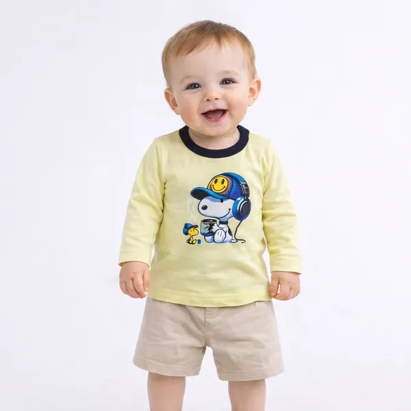 Yellow_And_Beige_Snoopy_Printed_T_Shirt_And_Shorts_Set_For_Baby_Boys_-_FHT_1116